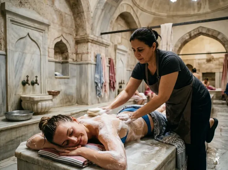 Kese-Peeling: Ein Gast liegt auf einer Marmorplatte und wird mit dem Kese abgerieben